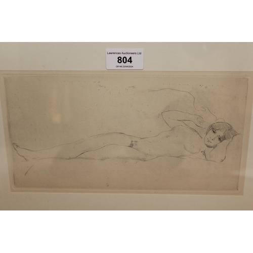 Etching, study of a reclining female nude, unsigned, 13 x 25cm, framed