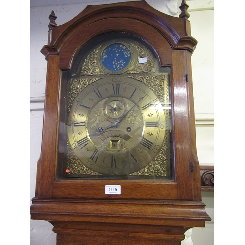 George III oak longcase clock, the arched hood above and arched door and reduced height plinth base, the gilt brass dial inscribed ' Joseph Hocker, Reading ' with Roman and Arabic numerals, subsidiary seconds and calendar, the two train movement striking on a bell