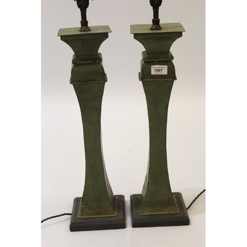 1507 - Pair of modern green painted toleware square baluster form lamp bases, 60cm high