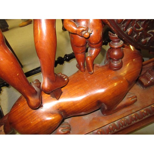 1521 - Very large Indonesian carved hardwood gong on stand, the central circular support with profuse all-o... 