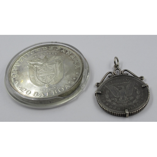 1549 - Silver Panama 20 Balboas coin, 1974, together with a United States of America silver dollar, 1885, i... 