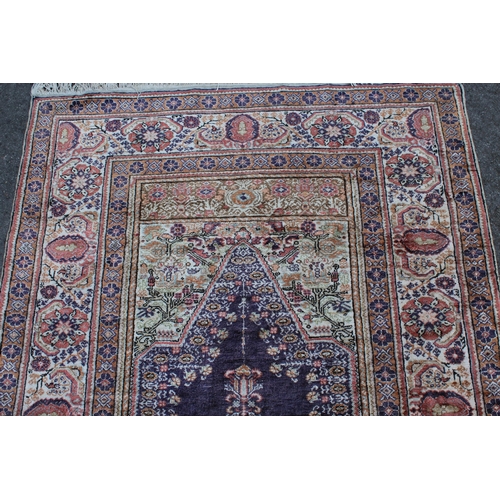 10 - Turkish cotton silk style prayer rug with blue ground and multiple borders, 177 x 117cm