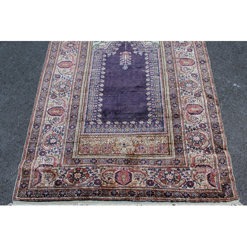 10 - Turkish cotton silk style prayer rug with blue ground and multiple borders, 177 x 117cm