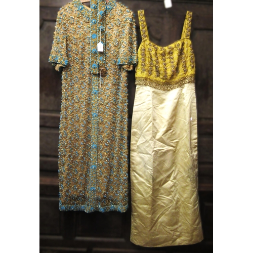 104 - Ladies 1950's yellow silk and beadwork dress, together with another heavy gold thread work and turqu... 