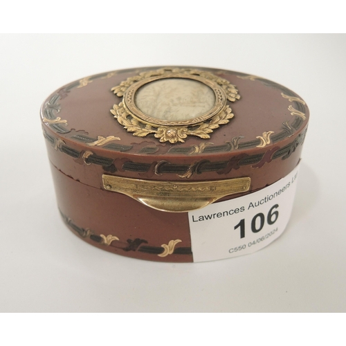 106 - 18th / 19th Century French oval tortoiseshell gold mounted and inlaid box, the cover having an inset... 