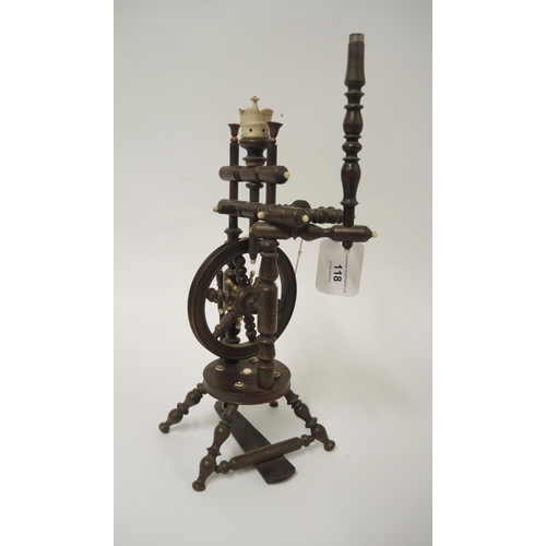 118 - French turned wooden and bone mounted miniature spinning wheel