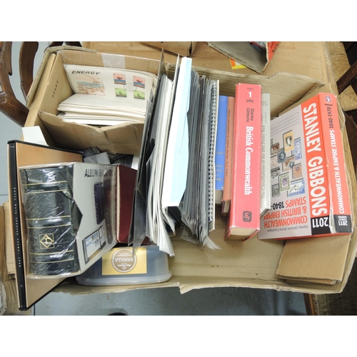 140 - Two boxes of stamp related books, catalogues, empty albums and loose pages