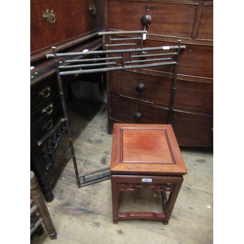 Chinese square hardwood lamp table, with peripheral stretcher and a bamboo rectangular frame (possibly for a mirror)