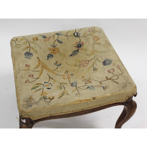 1943 - Victorian square upholstered stool, the needlepoint top above cabriole supports, 48cm wide (for rest... 