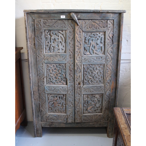 1949 - 20th Century Indian painted cupboard with carved doors, 90cm wide x 28cm deep x 138cm tall