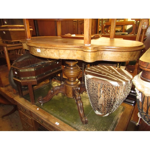 1953 - Victorian oak and walnut shaped edge centre table, 74cm high x 126cm long x 82cm wide