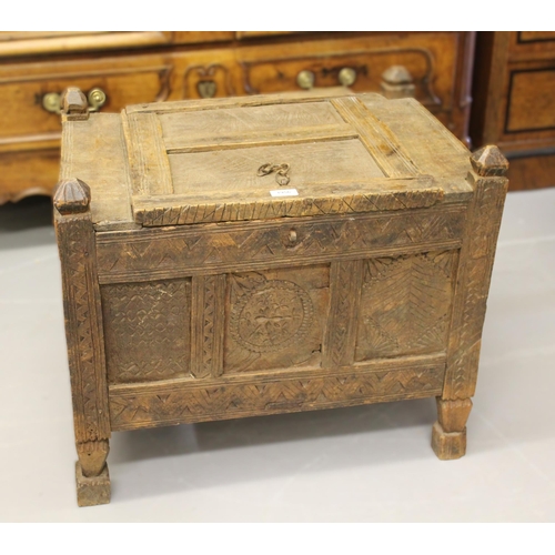 1956 - Small antique Pakistan Swat Valley carved dowry chest, 66cm wide x 49cm deep x 57cm tall