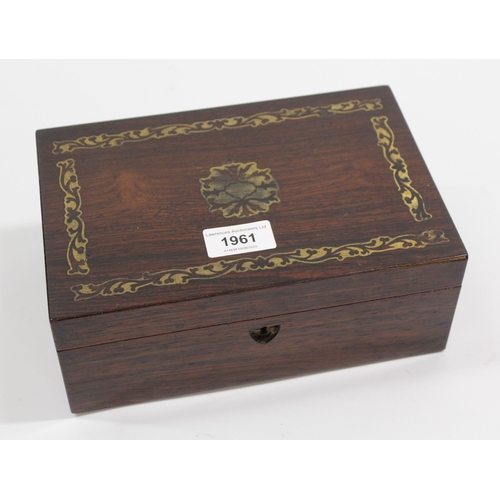 1961 - Small Regency rosewood and cut brass inlaid work box with hinged cover, 23cm wide