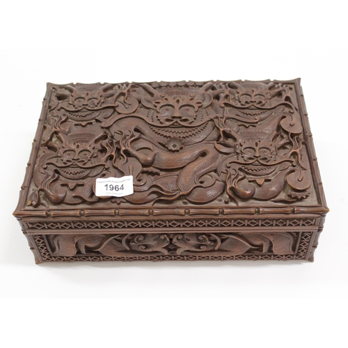 1964 - Mid 20th Century Indonesian carved hardwood jewellery box, the hinged cover enclosing a lift-out tra... 