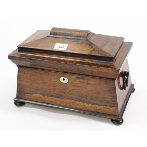 1965 - 19th Century rosewood sarcophagus shaped tea caddy with a hinged cover enclosing a three division in... 