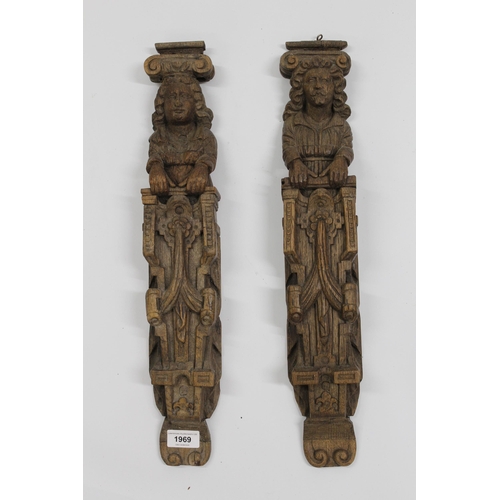 1969 - Pair of 19th Century carved oak caryatids each of a male and female above Gothic style tracery and d... 