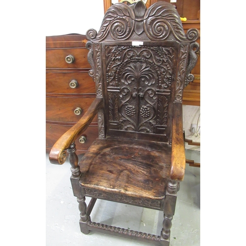 1982 - Carved walnut Wainscott chair in 17th Century style, the scroll cresting rail above a tree of life b... 