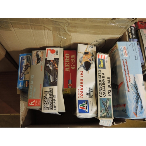 203 - Five boxes containing a large quantity of unbuilt model aircraft kits including Frog, Airfix, Revell... 