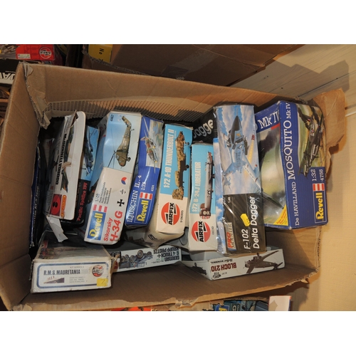 203 - Five boxes containing a large quantity of unbuilt model aircraft kits including Frog, Airfix, Revell... 