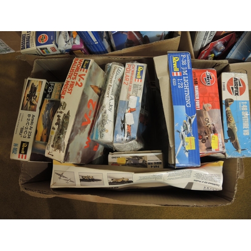 204 - Five boxes containing a large quantity of unbuilt model aircraft kits including Frog, Airfix, Revell... 