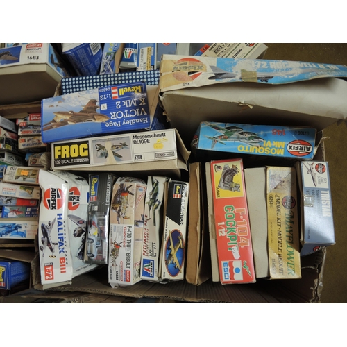 206 - Six boxes containing a large quantity of unbuilt model aircraft kits including Frog, Airfix, Revell ... 