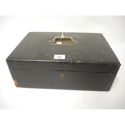 254 - 19th Century black leather deed box with Bramah lock (has a key but not the original key)