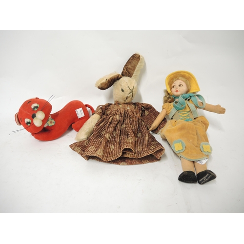 264 - Norah Wellings felt doll, together with a Dream pets felt cat and a plush covered rabbit figure (at ... 