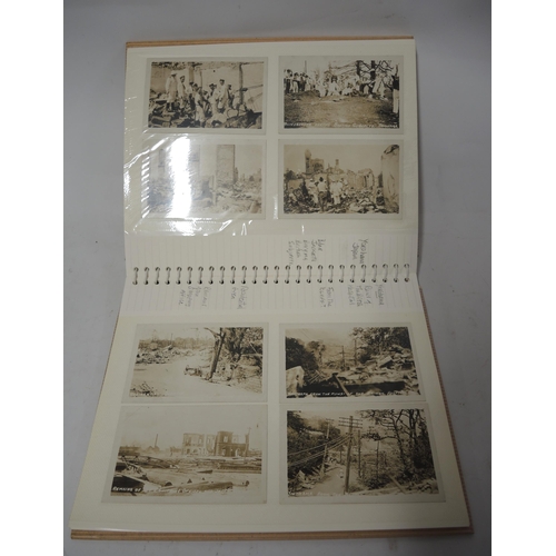 298 - Album containing a quantity of various 1920's French postcards, including some military related card... 