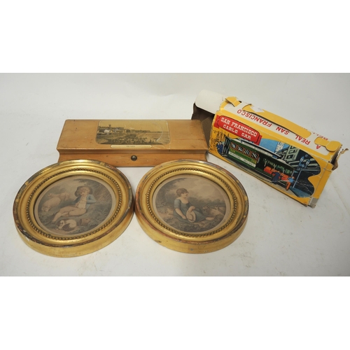 329 - Mauchline ware glove box, pair of small circular gilt framed stipple engravings and a boxed tin plat... 