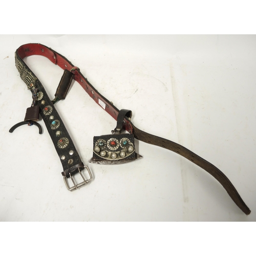 334 - Nepalese leather belt inset with turquoise and coral, with attached flint pouch