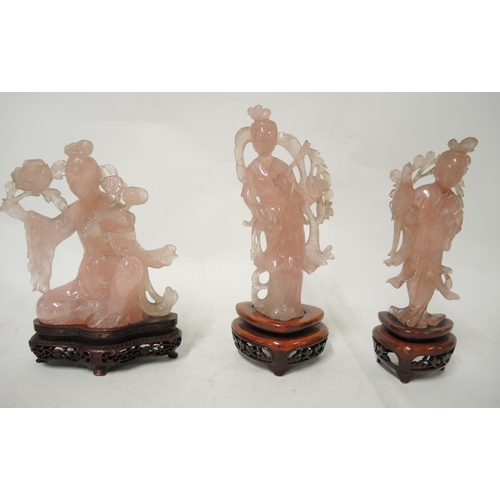 336 - Chinese carved rose quartz figure of a seated lady on a hardwood base, 19cm high, together with two ... 