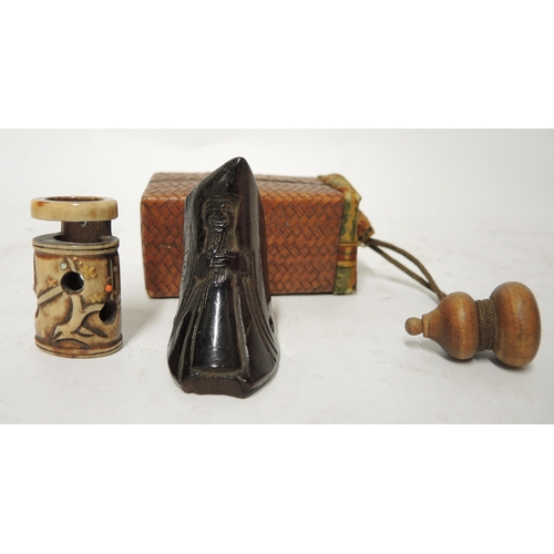 338 - Japanese cane work inro with a gourd shaped netsuke, together with a carved hardwood netsuke and a h... 