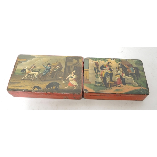 339 - Two 19th Century French rectangular toleware snuff boxes, each with over painted prints of soldier w... 