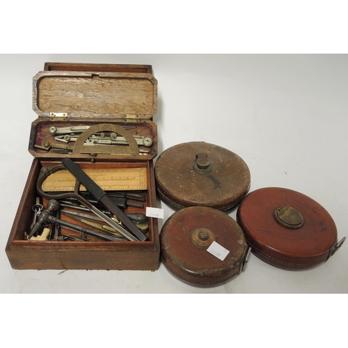 354 - Quantity of various drawing instruments, three leather measures and sundries