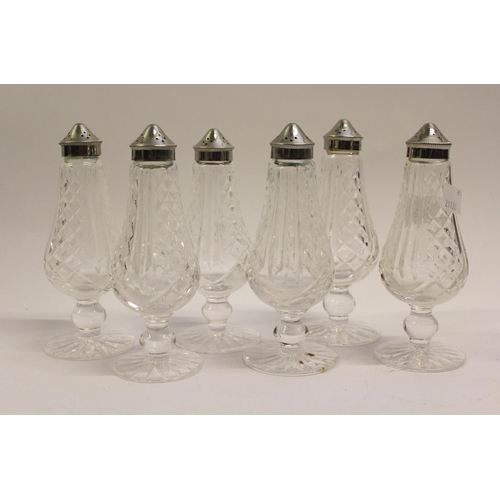 482 - Set of six Waterford cut glass pedestal condiments with plated mounts, each 16cm high overall