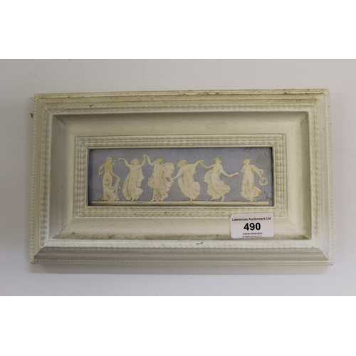 490 - Pair of late 19th Century Wedgwood type pale blue Jasperware plaques, each depicting a group of six ... 