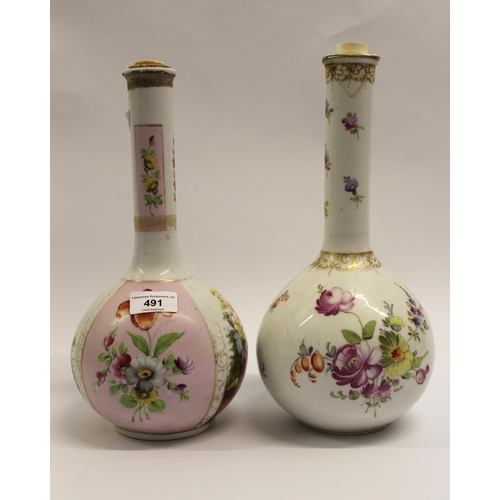 491 - Two Continental porcelain floral decorated bottle vases converted to table lamps