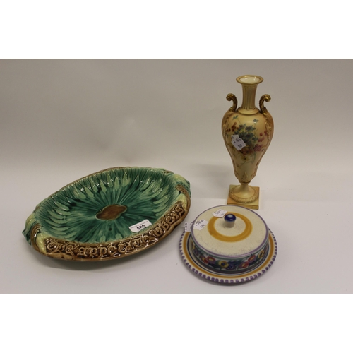 520 - Oval Majolica bread plate (chip to rim), Royal Worcester blush ivory vase (handle at fault) and a Po... 