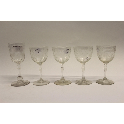 526 - Set of four Edwardian engraved drinking glasses, together with floral and bird drinking glass