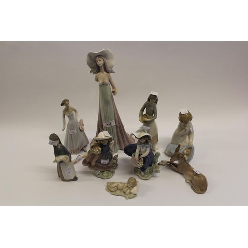 532 - Group of seven various small Lladro figures, the tallest 20cm, together with another Lladro figure (... 