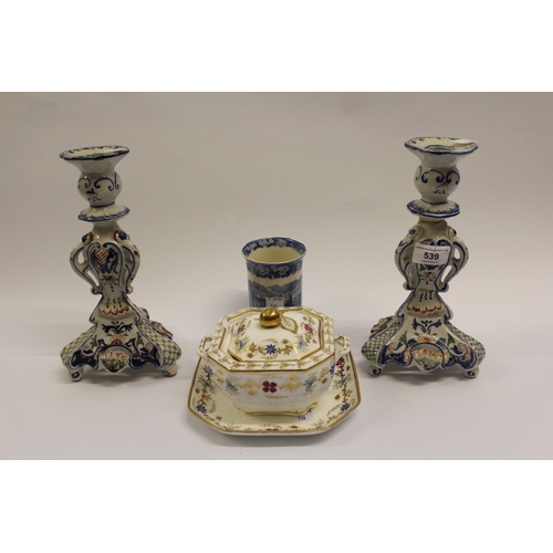 539 - Pair of Faience candlesticks (one at fault), Spode Felspar porcelain tureen and cover on stand and a... 