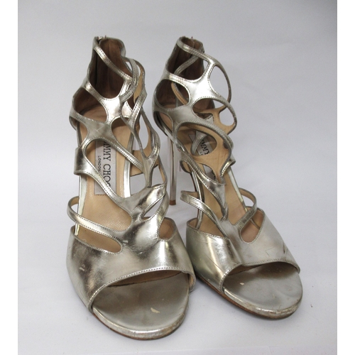 58 - Jimmy Choo, mirror calfskin Ren 85 sandals, 4in heels with zip back, size 37.5 (scuffs to leather)