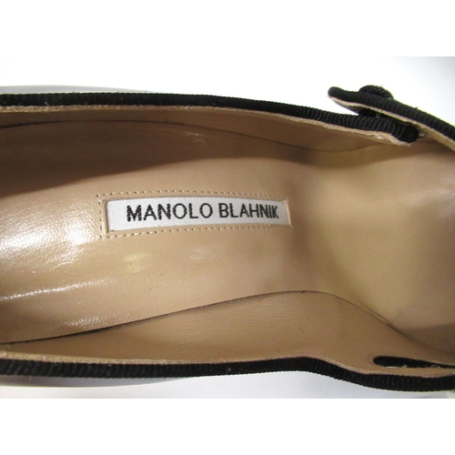 59 - Manolo Blahnik, black patent leather pointed toe pumps, 4.5in heel, size 41