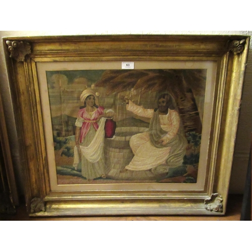 63 - 19th Century Berlin silkwork picture, figures before a well, gilt framed, 40 x 50cm and a late 20th ... 