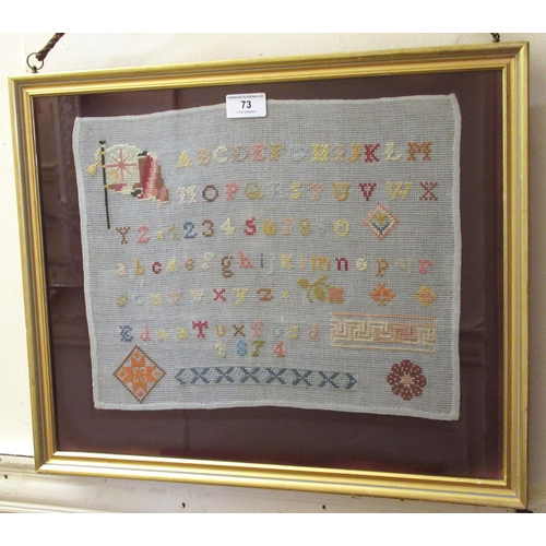 73 - 19th Century alphabetical sampler by Edna Tuxford dated 1874, framed, 29 x 36cm