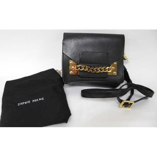 75 - Sophie Hulme, London black leather crossbody bag with gold trim, measures 18cm x 14cm x 8.5cm, with ... 