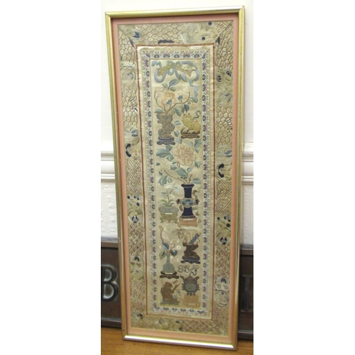 79 - Chinese silk embroidered sleeve panel, 60 x 20cm, gilt framed