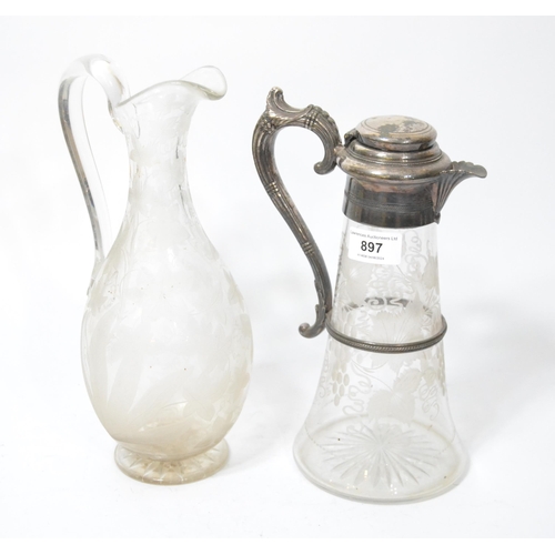 897 - 19th Century etched glass and silver plate mounted claret jug, together with another Victorian etche... 