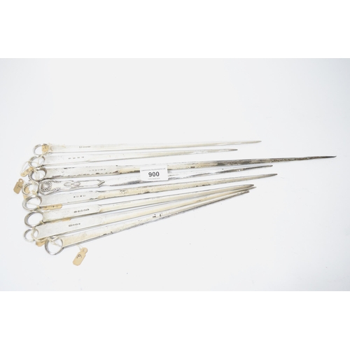 900 - Collection of eight large silver plated meat skewers, various lengths and makers including Gilbert, ... 