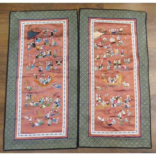 91 - Chinese silkwork panel depicting traditional celebration of ' Boy's Day ' / ' 100 Children at Play '... 